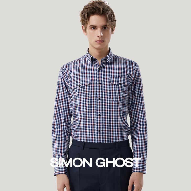 Simon Ghost Shirt for Men Imported from Italy Canclini Pure Cotton Red and Blue Plaid Business Inner Shirt