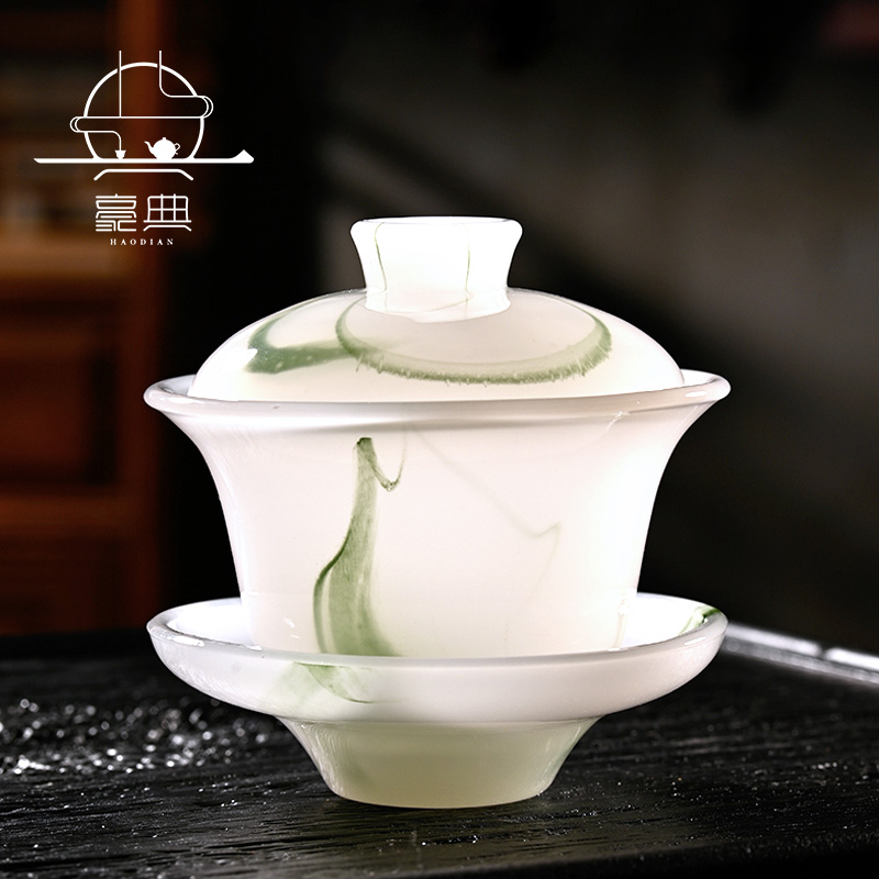 Emerald glazed three talents cover bowl tea cup imitation jade jade porcelain women's tea set ink large tea bowl anti-hot hand household