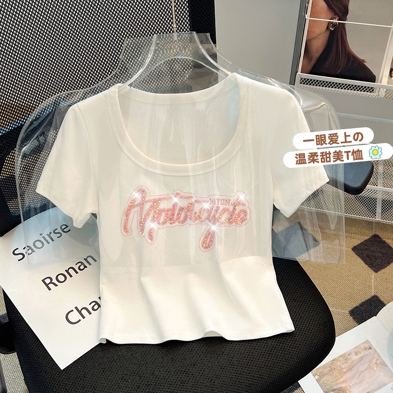 Heavy-Duty Pink Letter Embroidery T-Shirt for Women, Short-Sleeved, Summer, Chic, Trendy, Pure and Alluring, U-Neck, Spicy Girl, Petite, Short Top