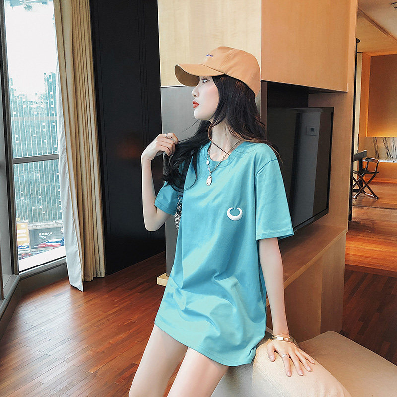 2020 Summer minimalist pure cotton medium long version loose short sleeve T-shirt woman half sleeve blouse with damp net red overfire