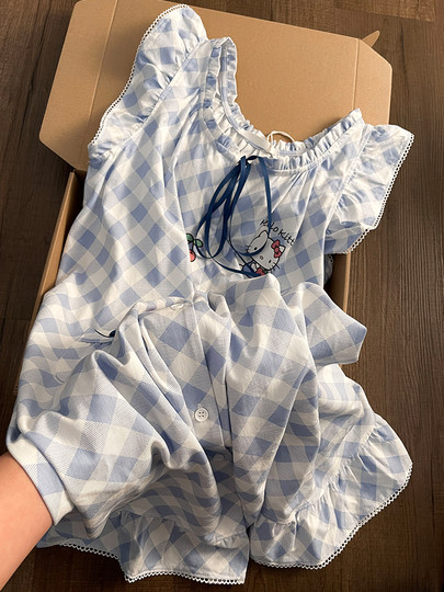 Sin glee hellokitty printed blue plaid sleeveless nightgown for women summer sweet loose home dress