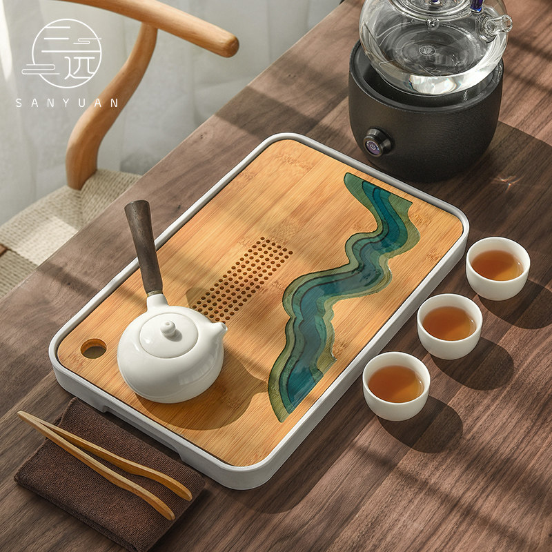 Three Far Modern Epoxy tea tray Home Bamboo Care Pan Brief Ceramic Kongfu Tea Furniture Set Group Dry Bubble Small Tea Table