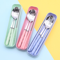Stainless steel chopsticks spoon set childrens single tableware box three-piece set with students creative tableware fork