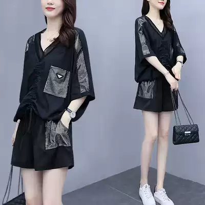 Large size casual fashion women's clothing 2021 summer new fat mm belly cover thin top shorts two-piece set age reduction