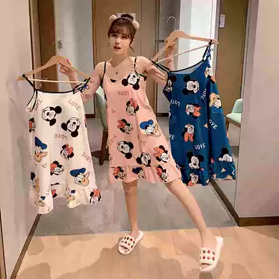 Pajamas female summer with chest pad sling nightgown female Korean cute cartoon students sexy loose can wear home clothes