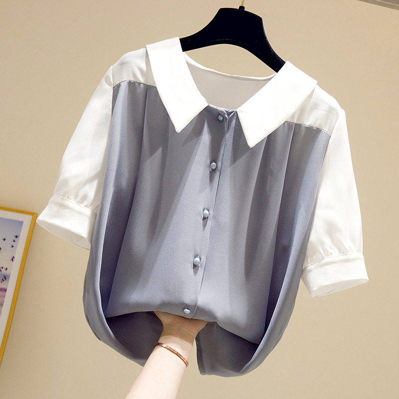 Movanuyang style loose all-match thin short-sleeved women's 2022 summer new women's chiffon doll collar shirt top