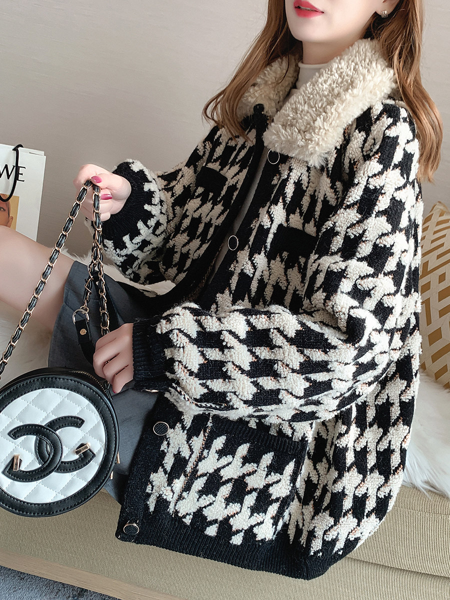 Foreign gig Thousand Birds Glean Lamb Wool Coat Woman 2021 Winter new large size Dress Loose Thickened Warm Cotton Clothes