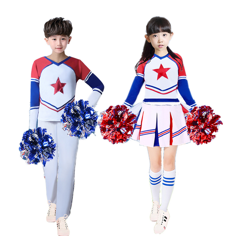 trang phục biểu diễn cho trẻ em cheerleaders học sinh tiểu học Games khai mạc buổi lễ khiêu vũ mẫu giáo của nam giới và phù hợp với phụ nữ cổ vũ