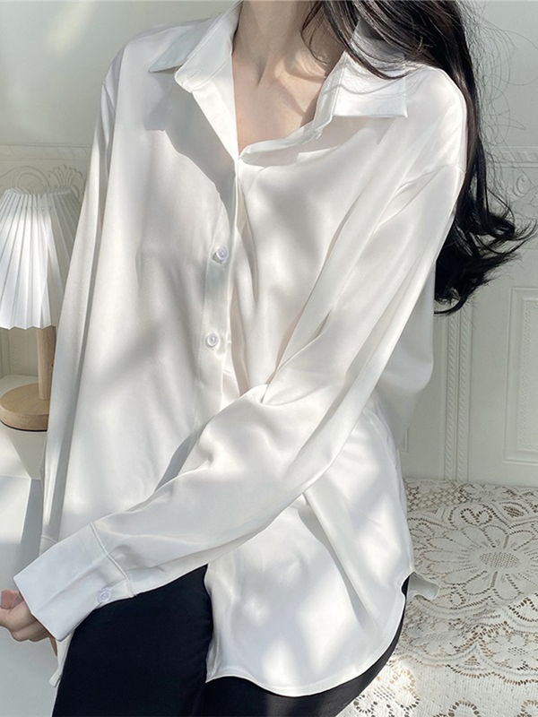 White Shirt, Sun Protection Shirt, Outer Layer for Women, Summer Drapey Silk Satin Shirt Jacket, Loose Pearlescent Long-Sleeved Top