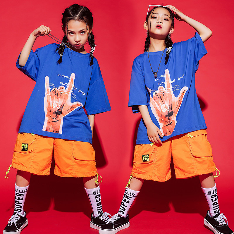 Girls hip-hop trendy clothes children's suits boys and girls hip-hop short-sleeved jazz dance costumes hiphop costumes summer clothes