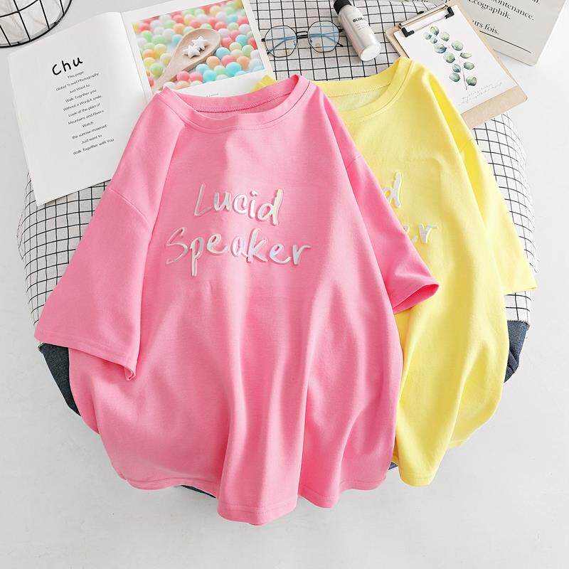 Korean alphabet printed pink short sleeves summer new loose round-collar T-shirt small, clear thin half-sleeve tops