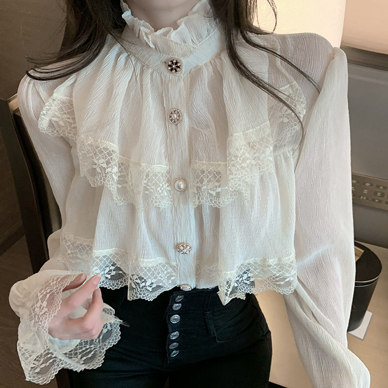 South Korean snow shirt Spring and Autumn 2023 new wooden ear lace with loose sleeve tops