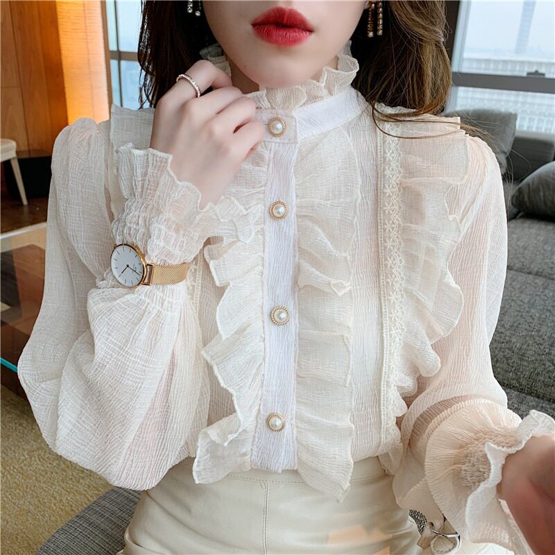 South Korea Li Chispin Long Sleeve Shirt Costume in Spring Clothing 2023 New Lotus Leaf - edge Shirt Super Favorite Sweet Cover