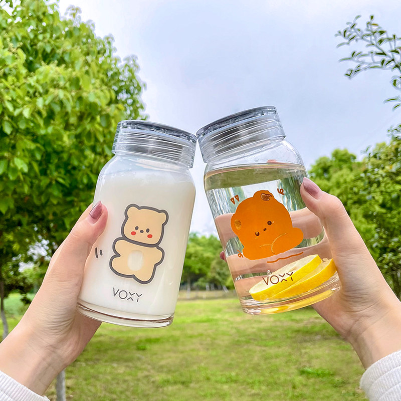 Ins net red glass female water cup student couple cute handy milk cup high-value bear creative