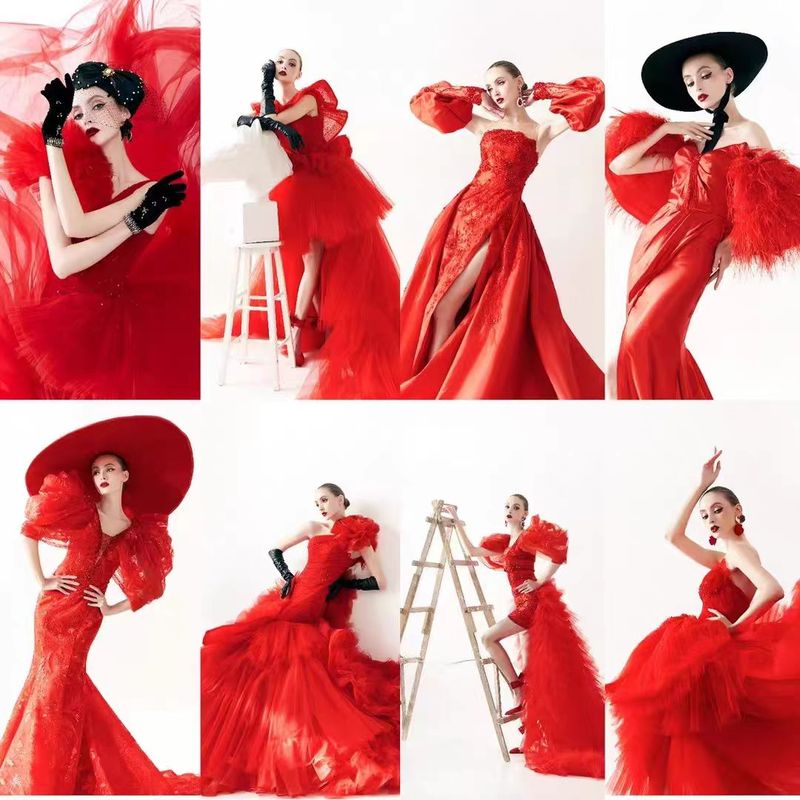 Doris Doris Bright Red Fishtail Wedding Dress Evening Gown with Long Train, Strapless, Runway Evening Goddess Series