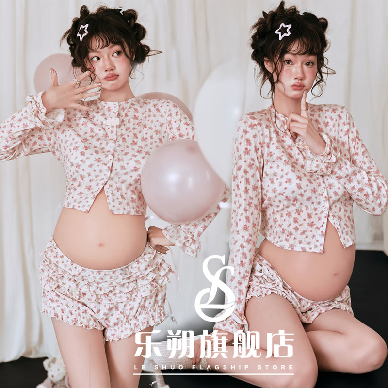 Photo Studio's New French Romantic Style Sweet Floral Cardigan Maternity Photo Set Two-Piece Set for Pregnant Moms Photography Outfit