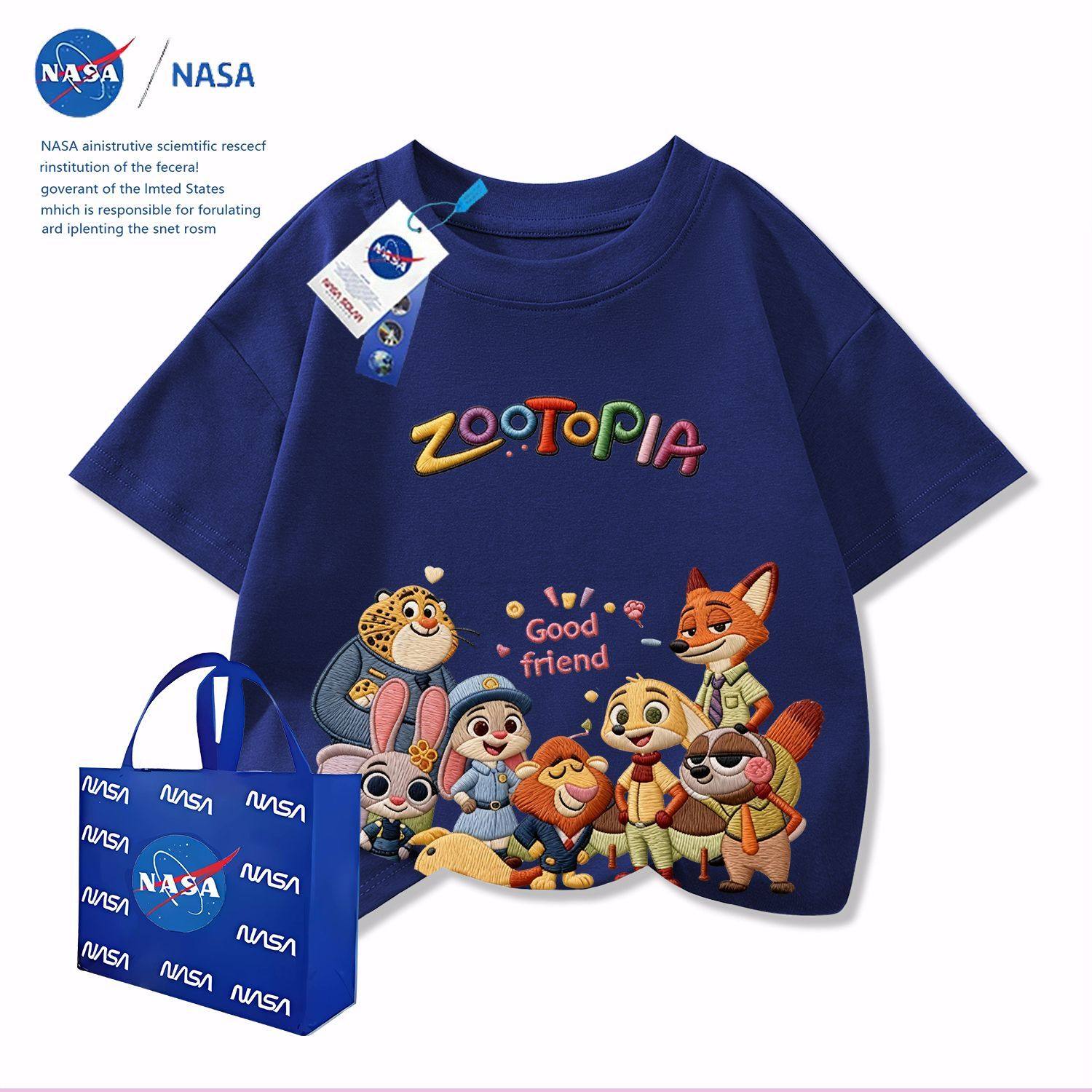 NASA かわいいズートピア 夏用 男の子用 ラウンドネック 純綿 半袖 子供用 刺繍プリント 半袖 Tシャツ