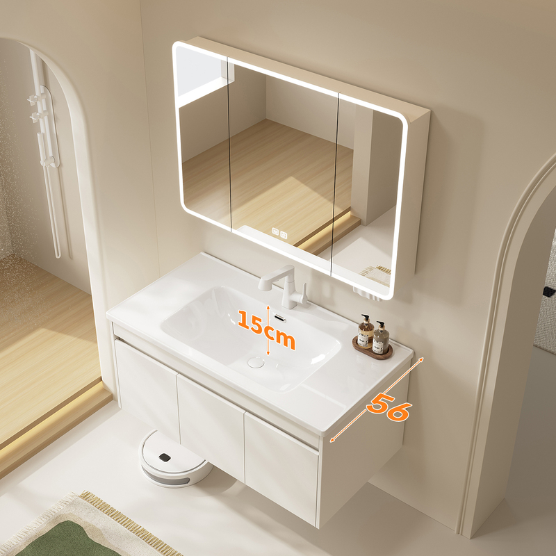 Deepened and Widened 56cm55 Ceramic Integrated Basin in Milky White Color, Enf All-Aluminum Honeycomb Aluminum Bathroom Cabinet Combination Washbasin