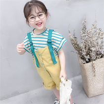Girls striped short-sleeved T-shirt plus double-breasted overalls suit summer new cute princess two-piece suit
