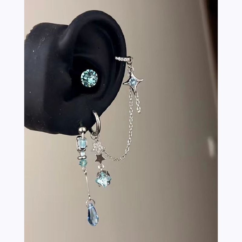 Blue Four-Pointed Star Tassel Chain Ear Cuff Integrated Earrings for Hot Girls, Stackable Tassel Zircon Pendant Earrings for Women