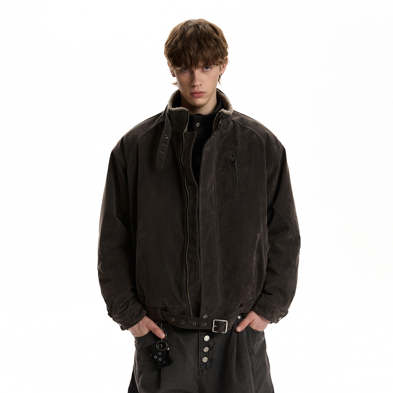 A Puee American Retro Suede Jacket with Thickened Warmth, Boxy Short Silhouette Cotton Coat for Winter