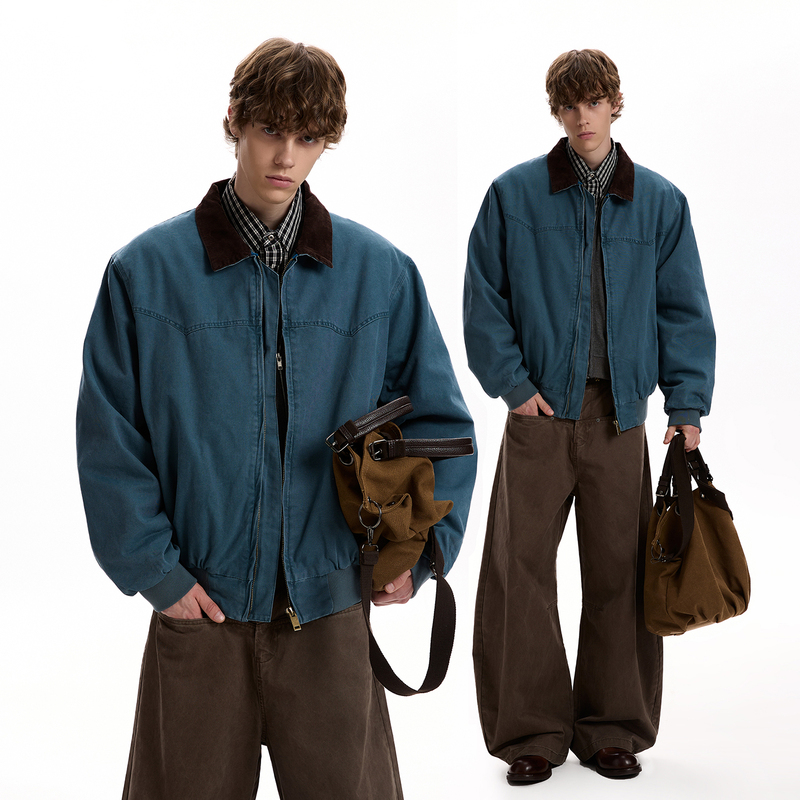 A Puee American Retro Vintage Workwear Jacket with a Thickened Lapel and Cotton Lining