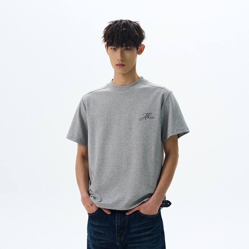 A Puee Original Cleanfit High-End Gray Embroidered Short-Sleeve T-Shirt, Basic Versatile High-Fashion Right-Shoulder Top for Summer