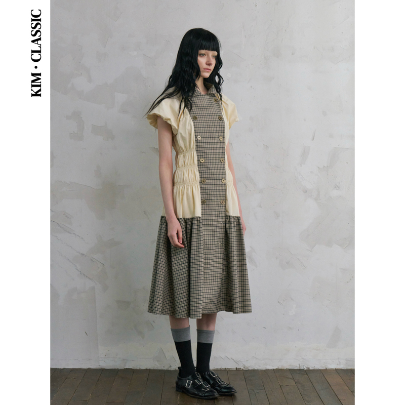 Kim Classic'Alder' Doll Collar 2926 Autumn Vintage Pleated Patchwork Apricot Plaid Dress