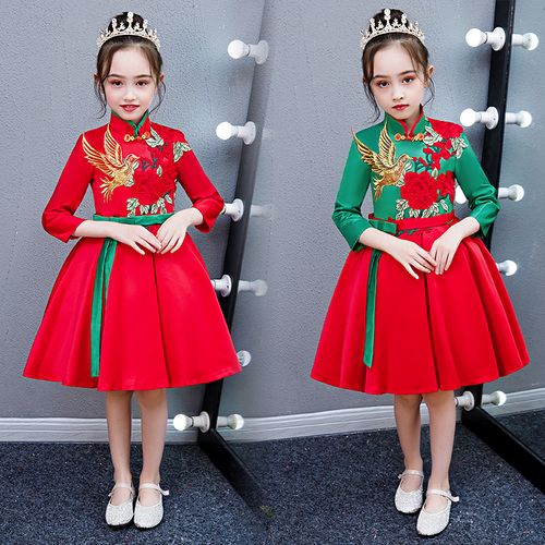 Chinese dress qipao for girls Children new year day red costume Tang Costume Girls Chinese style poetry recitation chorus Princess Dress