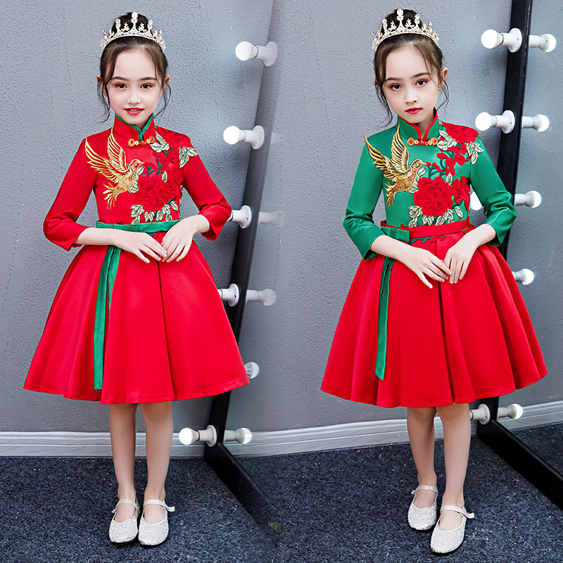 Chinese dress qipao for girls Children new year day red costume Tang Costume Girls Chinese style poetry recitation chorus Princess Dress