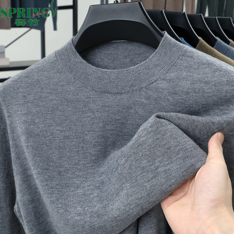 Chunzhu 100% Pure Wool Sweater for Men, Spring, Autumn, and Winter Thin Knit Sweater, Solid Color, Semi-High Round Neck, Knitted Base Layer