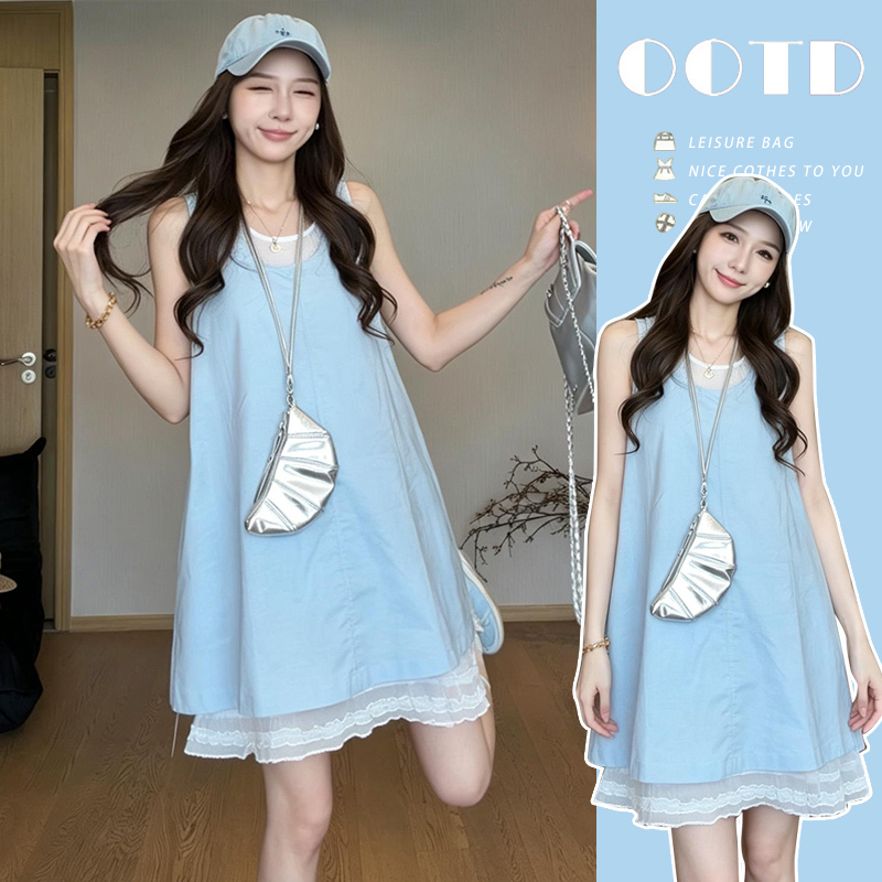 Maternity Loose Sweet Sleeveless Dress 2026 Summer Korean Style Slimming Elegant Stylish Tank Dress Two-Piece Set