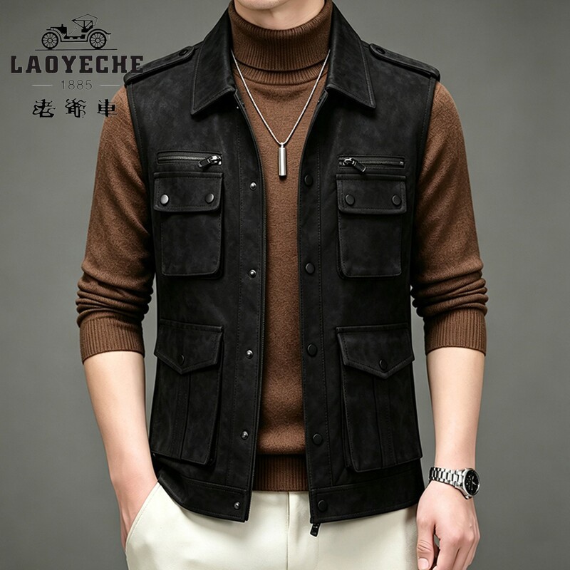 Vintage Multi-Pocket Utility Leather Vest for Men, Autumn Outdoor Fishing, Motorcycle, Photography, Rainproof Vest
