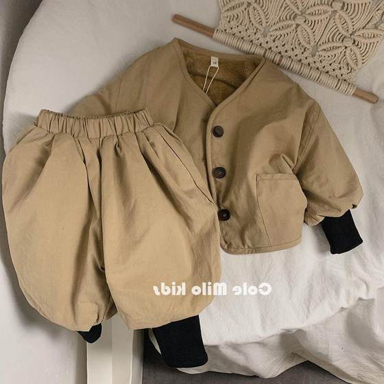 Children's velvet coat autumn and winter boys' simple Korean style girls' outerwear foreign style baby cotton coat forest style retro