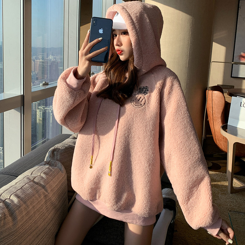 Plush lamb wool sweater women's autumn and winter 2021 new loose Korean version all-match thickened outer wear hooded fur coat