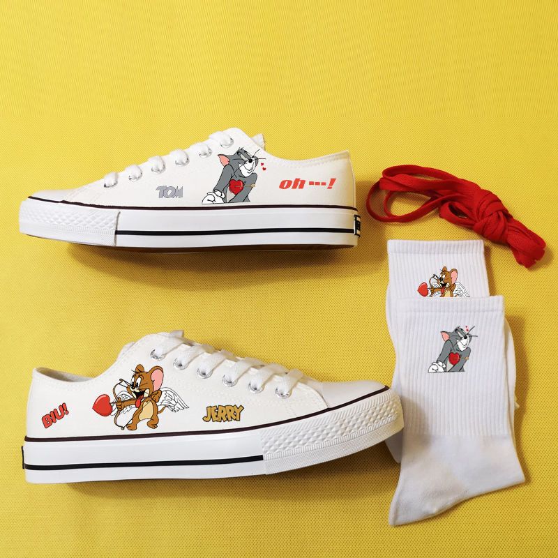 2025 Original Canvas Shoes, Low-Top Tom and Jerry Shoes, Male and Female Student Couple Sneakers, Black and White Mandarin Duck White Shoes