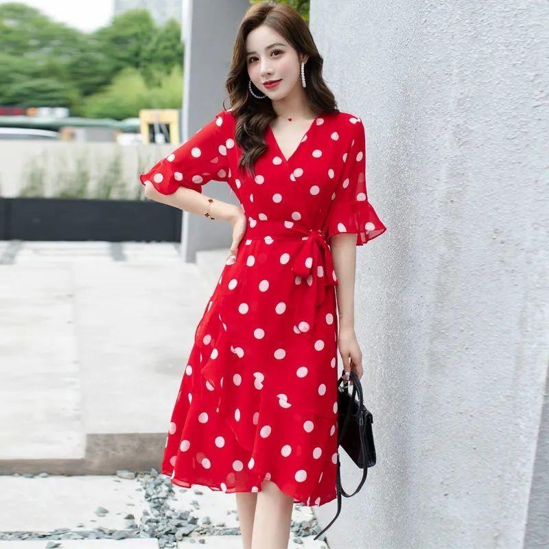 Chiffon Dress for Women, Loose Summer Dress, New Style for Plus-Size Women, French-Style Waist-Cinching, Elegant Polka Dot V-Neck Mid-Length Dress, Same Style Chiffon Dress for Women, Loose Summer Dress, New Style for Plus-Size Women, French-Style Waist-Cinching, Elegant Polka Dot V-Neck Mid-Length Dress, Same Style