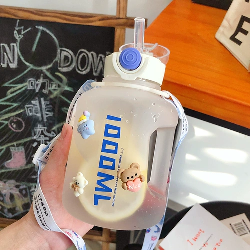 Вместительный и большой спортивный летний чайник со стаканом для спортзала, трубочка, 1000 мл