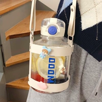 Один литр!Синий прозрачный+3D наклейка+кожаная чашка рукав