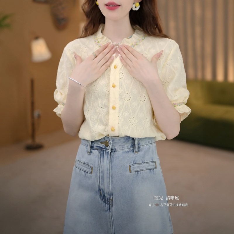 Lace Shirt in a Quiet Luxury Style, Summer Heavy-Duty Lace Blouse with Hollow Embroidery, Sweet and Versatile