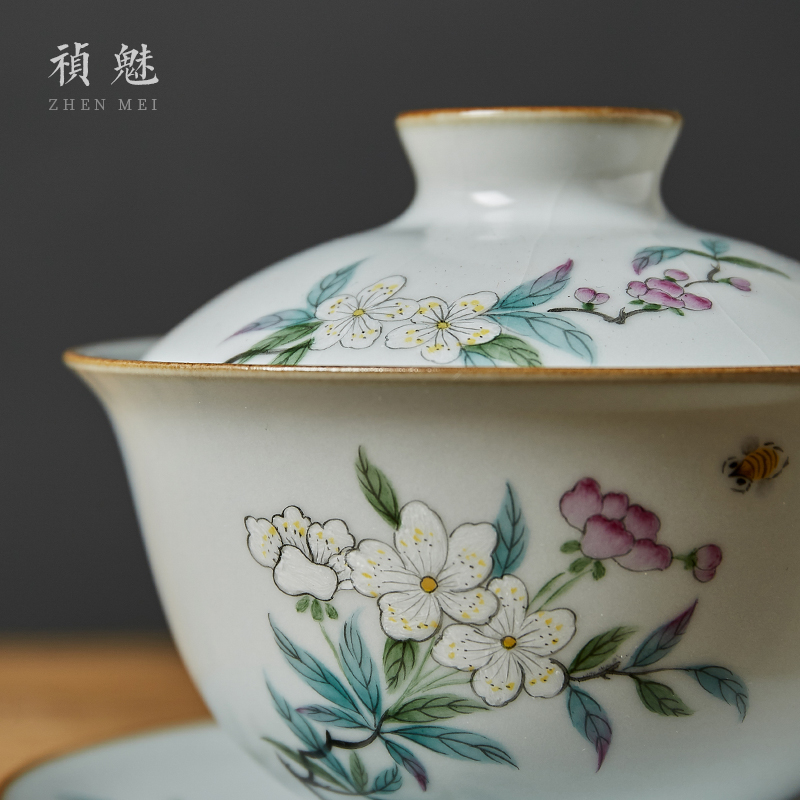 Shot incarnate your up hand - made the pear flower only three tureen jingdezhen ceramic kung fu tea set household open piece of cover cup tea bowl