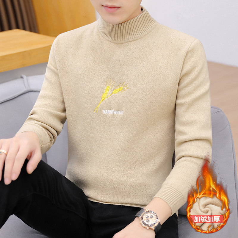 Winter men's half turtleneck sweater plus velvet thickened trendy warm personality embroidery one fleece sweater pullover bottoming