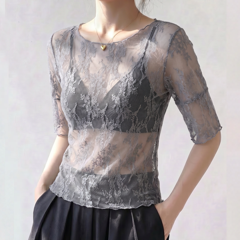 Gray Lace Short-Sleeved Top for Women 2026 New Style Super Pretty Bell-Sleeve Hollow Thin Slim-Fit Mesh Base Shirt