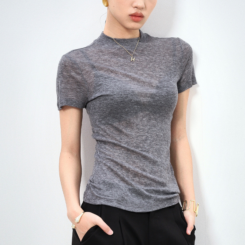 Gray Base Layer Short-Sleeve T-Shirt for Women 2026 New High-End Light Luxury Slim-Fit Thin Mesh Top with a Sense of Sophistication Gray Base Layer Short-Sleeve T-Shirt for Women 2026 New High-End Light Luxury Slim-Fit Thin Mesh Top with a Sense of Sophistication