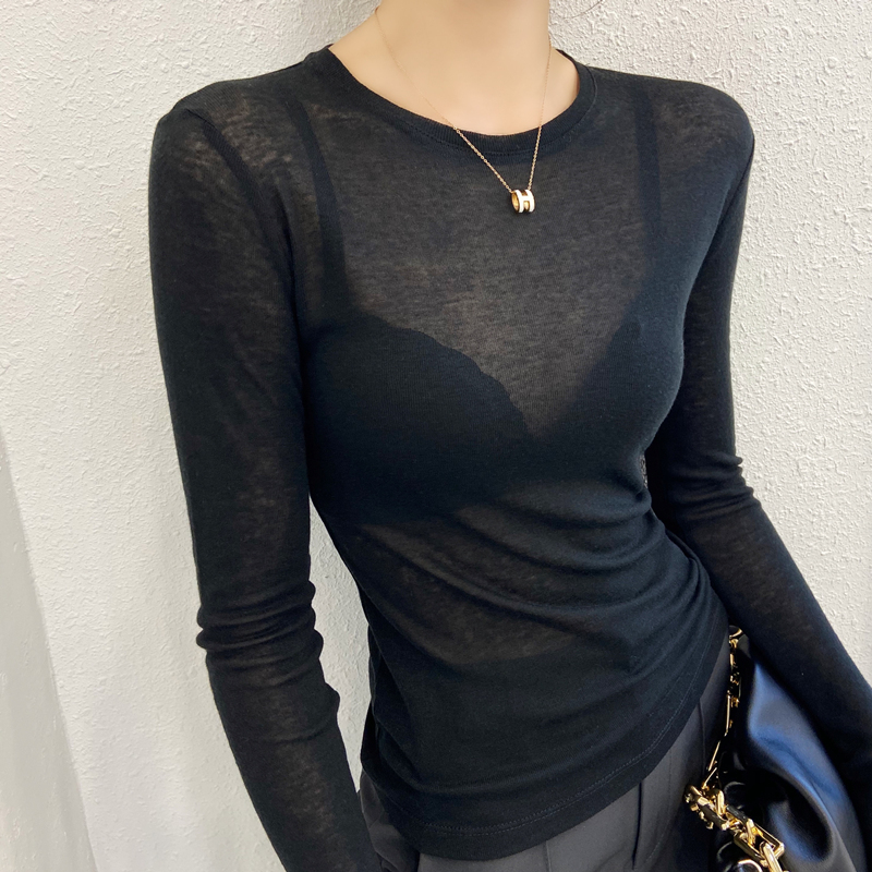 Black Base Layer Shirt for Women, Round Neck Lace Slim Fit Layered See-Through Mesh Top, Thin Long-Sleeve T-Shirt