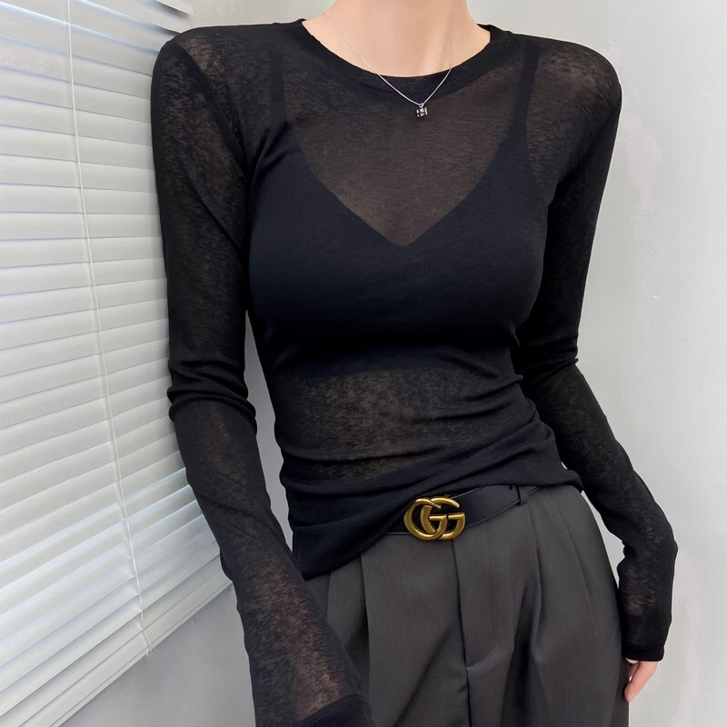 Black Base Layer Shirt for Women, High-End and Sophisticated, Sun-Protective Cover-Up, Sheer Mesh Top, Lace Inner Layer, Long-Sleeve T-Shirt, See-Through