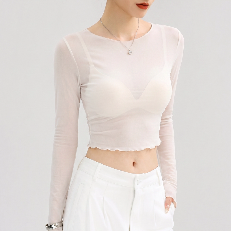 White Long-Sleeved Sun Protection Blouse for Women, High-End Mesh Short Lace Base Shirt, Very Beautiful, Lightweight and Slim-Fitting T-Shirt White Long-Sleeved Sun Protection Blouse for Women, High-End Mesh Short Lace Base Shirt, Very Beautiful, Lightweight and Slim-Fitting T-Shirt