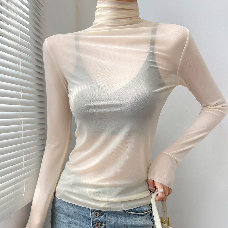 High-Neck Base Shirt for Women, White Lace See-Through Transparent High-End Mesh Top, Sophisticated Layered Collar T-Shirt