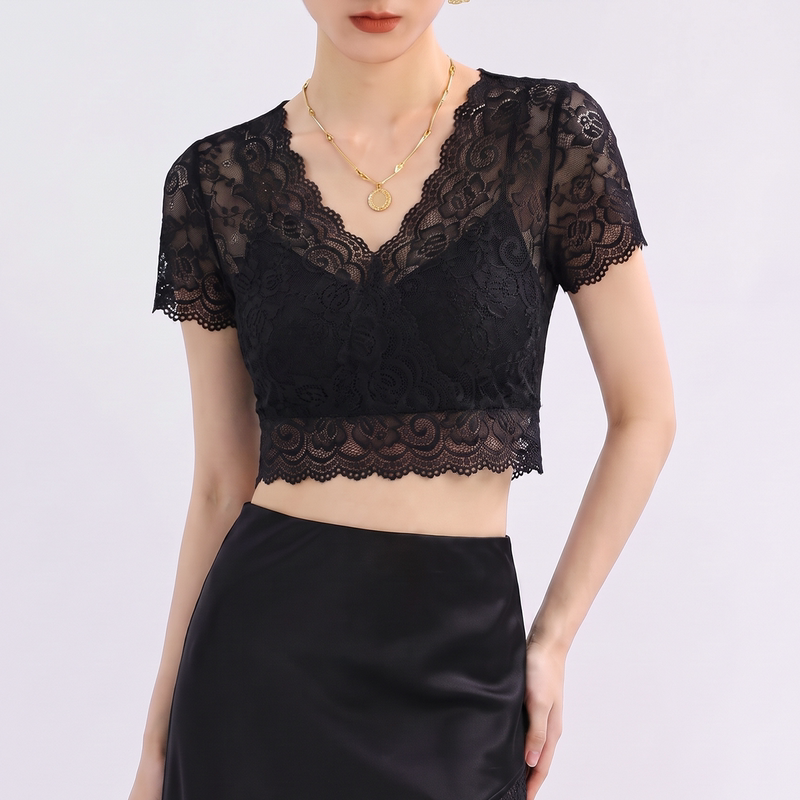 Black V-Neck Lace Top for Women 2026 New Style Super Pretty Hollow Lace Regular Shoulder Thin T-Shirt Slim Fit Short Sleeve