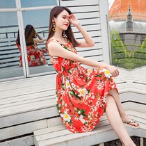 Bohemia seaside resort beach dress 2021 new cotton silk sleeveless waist flower size dress women Summer